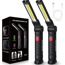 LED Work Light Rechargeable Flashlight, Valentine's Day Gifts for Men Boyfriends Him Husband Mechanic Torch Grill Light Inspection Lamp Magnetic Base 5 Modes 360° Rotate Car Emergency Repair 2PCS
