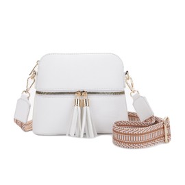 SG SUGU Small Crossbody Bag for Women Vegan Leather Shoulder Bag with Double Tassels Lightweight Dome Crossbody Purses with Wide Webbing Strap(White)
