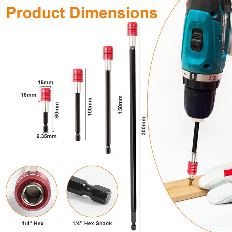 Eyech 4Pcs Drill Bit Extension Set 2/4/6/12”, Quick Release Magnetic