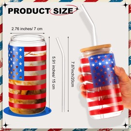 4 Set 16 oz 4th of July Cups American Flag Glass Cups with Lids and Straws for Kids Independence Day Iced Coffee Cups Tumbler Cup Beer Glasses with Lid and Straw Beer Can Cup for Drinking Tea Travel