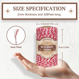Red and White Butchers Twine – 328Ft 2mm Food Safe Cotton Cooking Twine String for Trussing Turkey, Roasting, Baking, Tying Meat, Pumpkin Bread, Kitchen Use, Christmas Decorations and Gift Wrapping