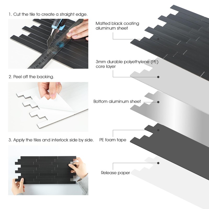 12 Sheets Black Peel and Stick Backsplash, Brushed Metal Subway