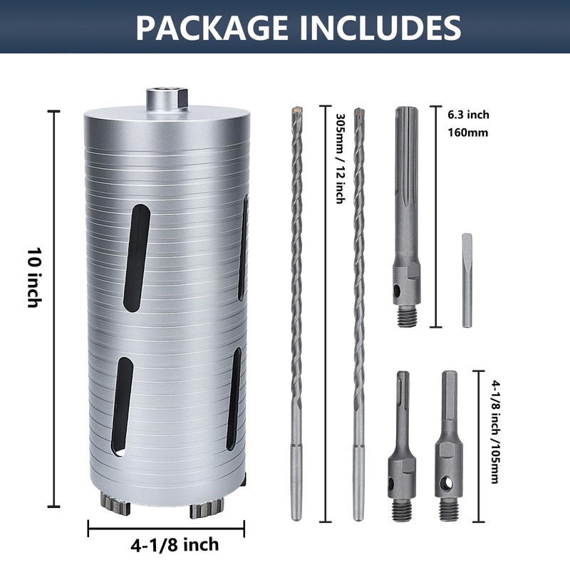 4-1/8 inch Diamond Dry Core Drill Bit, 10" Drilling Depth,