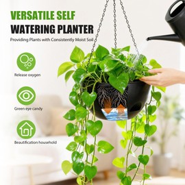 SQKH 8 Inch Hanging Planters for Indoor Outdoor Plants, 4 Pack Black Plastic Self Watering Hanging Baskets with Drainage Holes and Chain for Garden Porch