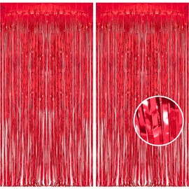 Foil Fringe Curtain Christmas Party Decorations - Red Metallic Tinsel Photo Booth Backdrop Party Steamers Curtains for Christmas New Years Valentines Engagement Celebration Party