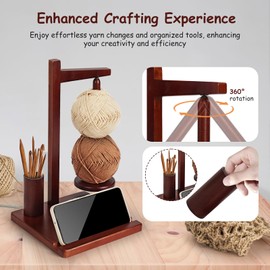 YIK TUNG Wooden Yarn Holder with Phone Stand for Crocheting, Crochet Yarn Ball Holder Spinner Spool Rack for Knitting with Crochet Hook Storage (7.4 * 8.5 in)