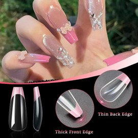 Bellelfin Pink French Tip Press on nails Long Coffin Fake Nails, 120PCS Coffin Nail Tips Long French Tip Nails, Clear Acrylic Nails Press on Full Cover False Nails