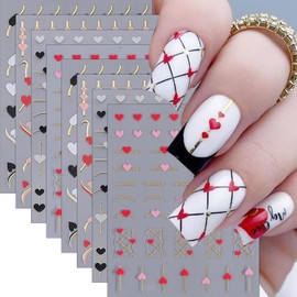 8Pcs Valentines Day Nail Art Stickers Decals 3D Metallic French Line Nail Decals Black White Red Pink Love Hearts Nail Stickers Self Adhesive Valentines Nail Design Decoration Heart Stickers for Nails