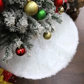 HOHOTIME 24in Christmas Tree Skirt, Mini Thick Faux Wool Fur Tree Skirt, 12/24/30/36/48 inch Fluffy Snowy White Plush Velvet Wool-Like Chirstmas Tree Skirt Xmas Party Decoration