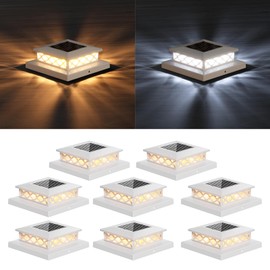 TopVelo Solar Post Light 8 Packs, Solar Cap Light Post with 2 Light Modes, Bright 16 LEDs Cap Lights Decorate Deck, Patio, Porch, Fence, Fit 4x4, 5x5 and 6x6 Vinyl/Wooden Posts (White)