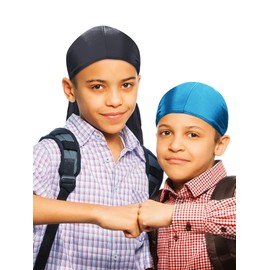 4 Pieces Kids Silky Durag with Wave Caps Set Unisex Baby Durags Long Tail and Wide Strap Headwraps Turban Beanies (Black, Sky Blue)