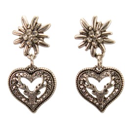 Alpenflüstern DOR051 Costume Stud Earrings Rhinestone Edelweiss Rhinestone Heart Deer Women's Costume Jewellery (Antique Silver-Colour), Zinc