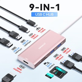USB C Hub HDMI USB Adapter,9 in 1 Dock with HDMI 4K@60Hz,SD/TF Card Reader, USB C Port,100W PD, and 4 USB Ports (Pink)