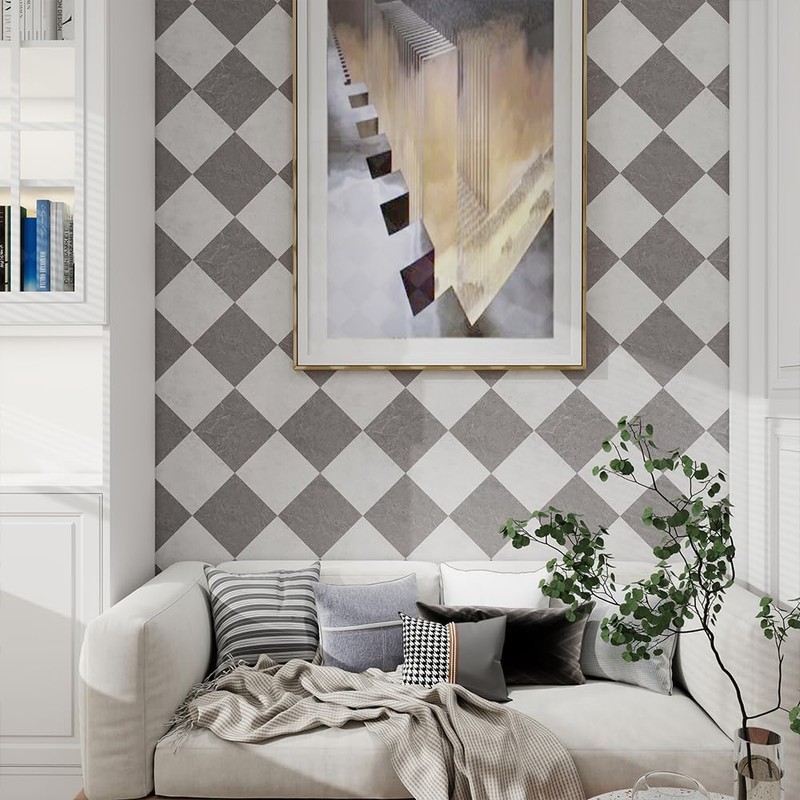 auxua Peel and Stick Floor Tile, Grey Checked Pattern Continuous