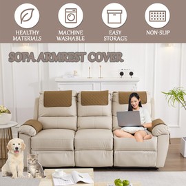 NNSMUN Sofa Armrest Cover, Headrest Cover for Recliner Chair Arm Cover, Armchair Slipcover with Pockets, Nonslip Quilted Furniture Protector for Pets Leather Sofa Couch (Khaki,1 Seater(3pcs))