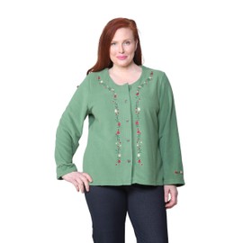 LA CERA Women's Embroidered Fleece Jacket - Soft Polyester, Full Button Front, Floral Embroidery, Comfortable Design