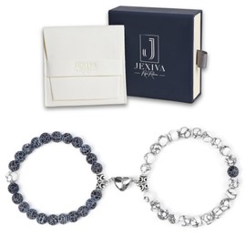 Set Of 2 Couples Bracelet Magnetic Healing Natural Bead Stone Stretch Bracelet Unisex Anniversary, Friendship, Valentine, Christmas Gift (Howlite+Blue Weathered, With Luxury Giftbox)