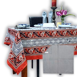 Sweet Us Exclusive, Floral Finesse Cotton Tablecloth Rectangle and One Gray Napkin, Floral Kitchen Dining Table Cloth, Table Cover for Indoor and Outdoors, Scarlet Slate, 52 x 86 in