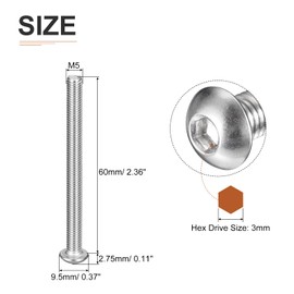 DTGN M5-0.8x60mm Button Head Socket Cap Screws - 15Pack - Good for Machine - 304 Stainless Steel 18/8 - Hex Drive Full Thread Fasteners