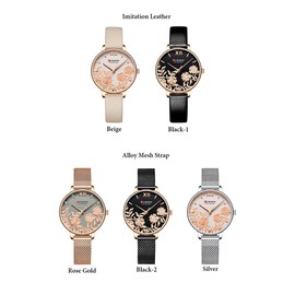 CURREN 9065 Elegant Exquisite Casual Business Quartz Women Watch Sakura Flower Embossed Ultra Thin Slim Simple Wrist Watch 3ATM Waterproof Wristwatch for Ladies with Imitation Leather Strap Band