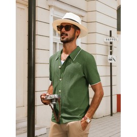 Mens Breathable Knitting Polo Shirt Vintage Button Down Golf Shirt Summer Beach Tops Army Green