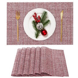 VCVCOO Red Christmas Placemats Set of 6 - Elegant Vinyl Woven Table Mats Heat-Resistant for Holiday Dining Table Deco, Wipeable Anti-Slip Place Mats for Indoor/Outdoor (17.7 x 11.8 inch)