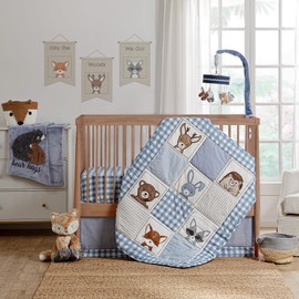 Levtex Baby - Forest Friends Crib Bed Set - Baby Nursery Set - Gingham - Blue and White - Animal Portraits - 5 Piece Set Includes Quilt, Two Fitted Sheets, Wall Decal & Skirt/Dust Ruffle