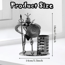 Iron Art Retro Soldier Pen Holder,Metal Samurai Warrior with Spear Shield Pencil Cup Pot Storage Organizer Pencil Holder Container Sculpture Figurine Statues for Home Office Desktop Stationery Gift
