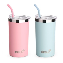 Mollcity Kids Tumbler with Lids and Straws 12 oz Stainless Steel Double Wall Vacuum Insulated Skinny Tumbler for Girls, Leak Proof and BPA Free (Purple Pink-Baby Blue)