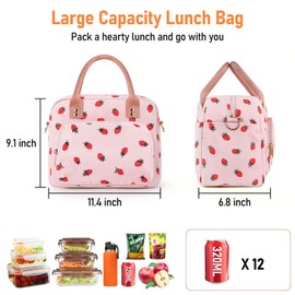 Lunch Bag for Women & Kids, 11.5L Large Insulated Lunch Box Bag, Adults Girls Packed Lunch Box Tote Bags with Shoulder Strap, Soft Cooler Picnic Bags for Work School Picnics (Pink Strawberry)
