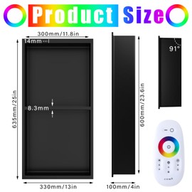 Vercraft 24'' x 12'' LED Light Stainless Steel Shower Niche with RGB Colorful Remote Control Matte Black No Tile Needed Wall Niche Insert Recessed Double Shelves for Bathroom Storage