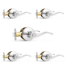 Probrico Door Handles Lever Privacy Door Handle Lever Polished Chrome Interior Door Handle, Chrome Door Handles for Bedroom Bathroom Keyless Interior Door Handle Lever with Lock Wave Style, 5 Pack