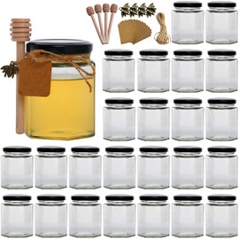 Woaiwo-q 6 oz Hexagon Glass Honey Jars, 25 Pack Glass Jars with Black Lids,Wooden Honey Sticks,Bronzy Bee Pendants,Small Tags,15m Jute Twine, Clear Hexagon Jars for Honey,Foods,Liquid.