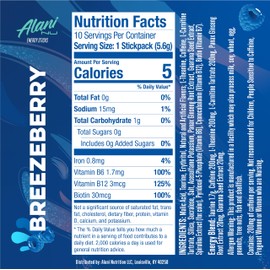 Alani Nu BREEZEBERRY, Energy Sticks Drink Powder, 200mg Caffeine, Pre Workout Performance with Antioxidants, On-The-Go Drink Mix, Biotin, B Vitamins, Zero Sugar, 5 Calories, 10 Pack