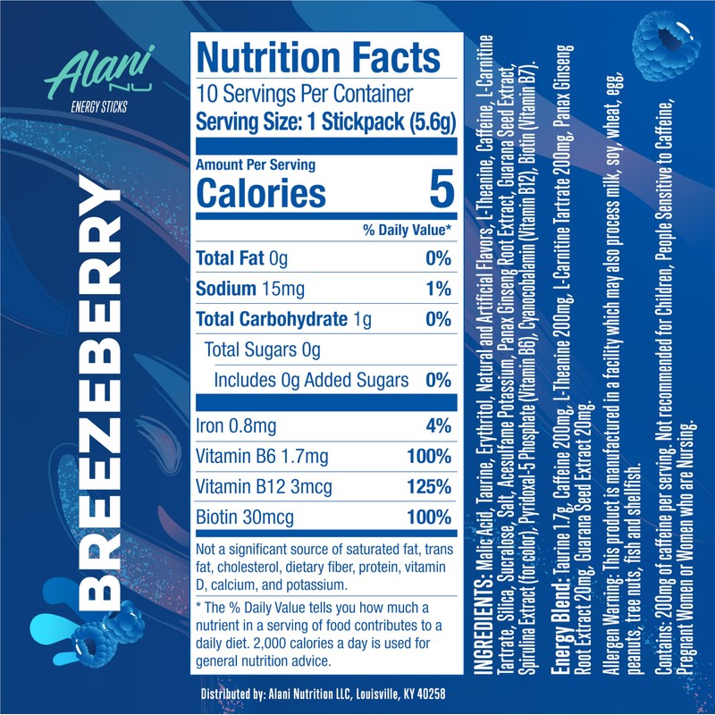 Alani Nu BREEZEBERRY, Energy Sticks Drink Powder, 200mg Caffeine, Pre