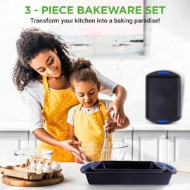 NutriChef 3-Piece Nonstick Cookie Sheet Tray Set - Baking Pans with Blue Silicone Handles, Stackable Design, Easy to Clean, Small, Medium, Large Carbon Steel Cookie Pans, Oven Safe to 446°F