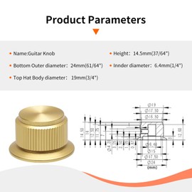 Muelnmey 2/4 PCS Screw Style Aluminium Potentiometer Knobs 1/4" Universal Top Hat Knobs Bell Volume Tone Control Knobs. (Gold Without Indicator-1, Pack of 4)