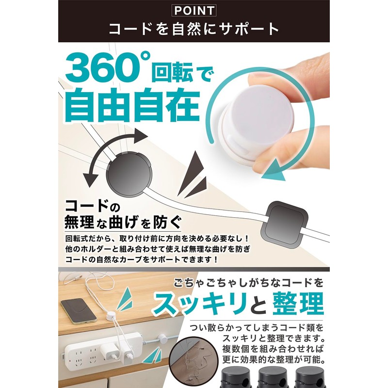 [VIVRELLA] ケーブルホルダー ３６０ 回転 コードホルダー クリップ USBケーブル マグネット 粘着式 壁