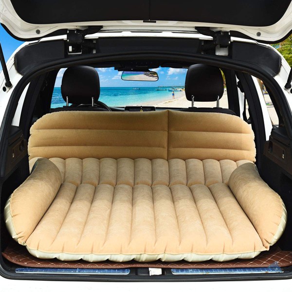 Goplus Car Bed, Air Mattress Back Seat with Pillow, Flocking Surface, Electric Air Pump, Repair Kit, Inflatable SUV Truck Bed Mattress for Traveling, Camping, Sleeping, Yellow