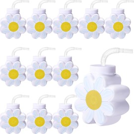 Domensi 12 Pcs Daisy Flower Cups with Lids and Straws, 10 oz Daisy Flower Plastic Cups for Daisy Birthday Party, Daisy Themed Party, Wedding Baby Shower Party Decorations Supplies