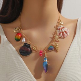 18K Paperclip Gold Chain Necklace Handmade DIY Sun Moon Star Pendant Charm Necklace Western Ocean Seaside Beach Gold Charm Necklace For Women, Adjustable, Zinc, Cubic Zirconia