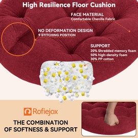 ROFIEJOX Large Floor Pillow for Adults/Kids, 22x22x4 inches Round Meditation Pillows for Sitting On Floor, Comfort Chenille Circle Floor Cushion, Memory Foam Filling for Yoga, Living Room,Red