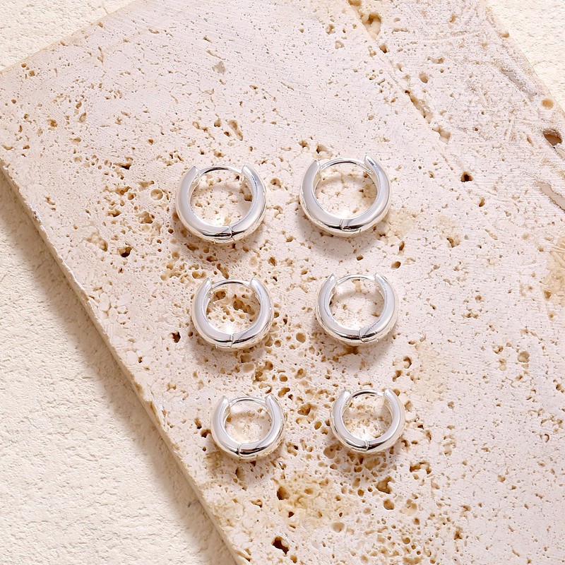 Small Thick Silver Chunky Huggie Hoop Earrings Set For Women