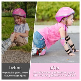 FIODAY Knee Pads for Kids Protective Gear Set Adjustable Kids Knee Pads and Elbow Pads with Wrist Guard for Girls Roller Skates Cycling Bike Skateboard Scooter, 3-8 Years,Rainbow Pink