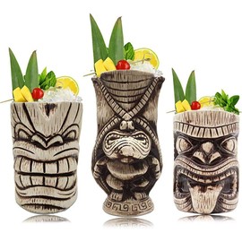 Tiki Mugs Set - Large Ceramic Tiki Mug, Cocktail Mugs for Mai Tai, Punch, Pina Colada, and Tropical bar Drinks (TIKISET)