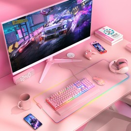 RedThunder K10 Wired Gaming Keyboard and Mouse and Wrist Rest Combo, RGB Backlit, Mechanical Feel Anti-ghosting Keyboard + 7D 7200 DPI Mice+Soft Leather Wrist Rest 3 in 1 PC Gamer Accessories(Pink)