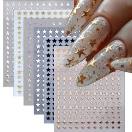 6 Sheet Star Nail Sticker 3D Self-Adhesive Shiny Multiple Color Stars Nail Art Stickers Laser Glitter Gold Sliver White Black Nail Decals Independent Day Nail Accessories Supplies DIY Manicure Decor