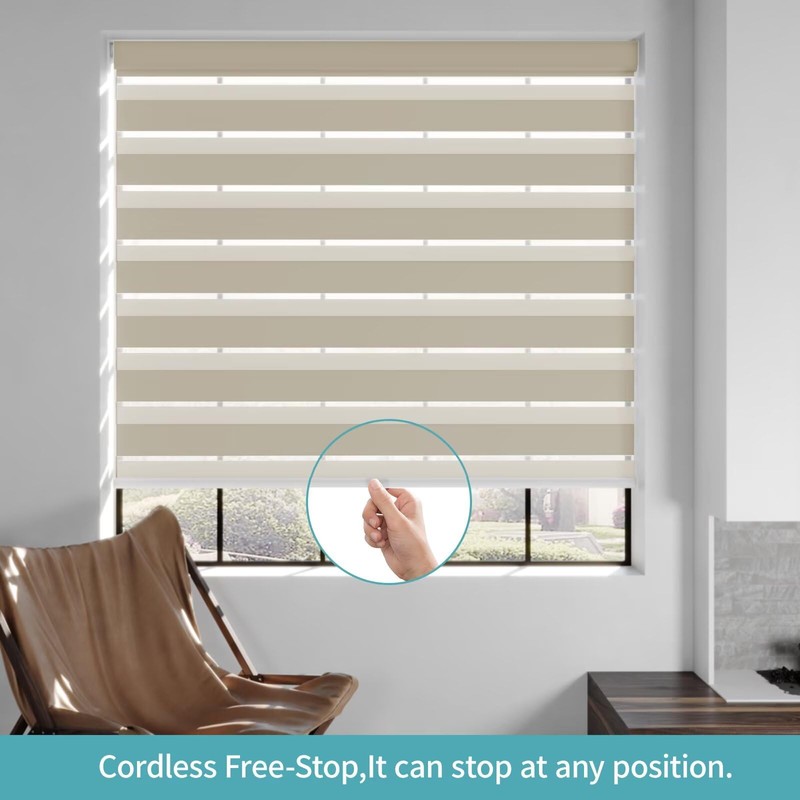 MYshade Custom No Drill Zebra Roller Shades, Blackout(85%) Cordless Dual