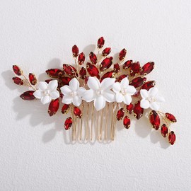 Teyglen Floral White Flower Hair Comb with Red Rhinestone Wedding Hair Piece Flower Bridal Hair Comb Wedding Hair Accessories for Women Bridesmaid Headpiece (Gold-red)