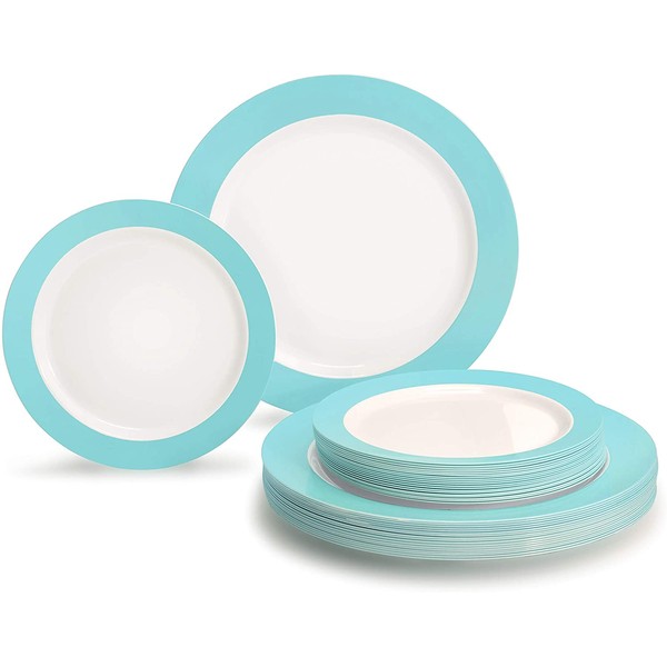 " OCCASIONS " 50 Plates Pack (25 Guests)-Wedding Party Disposable Plastic Plate Set -25x10.5'' Dinner + 25x7.5'' Salad/dessert plates (Rio, White & Pearled Turquoise Blue)